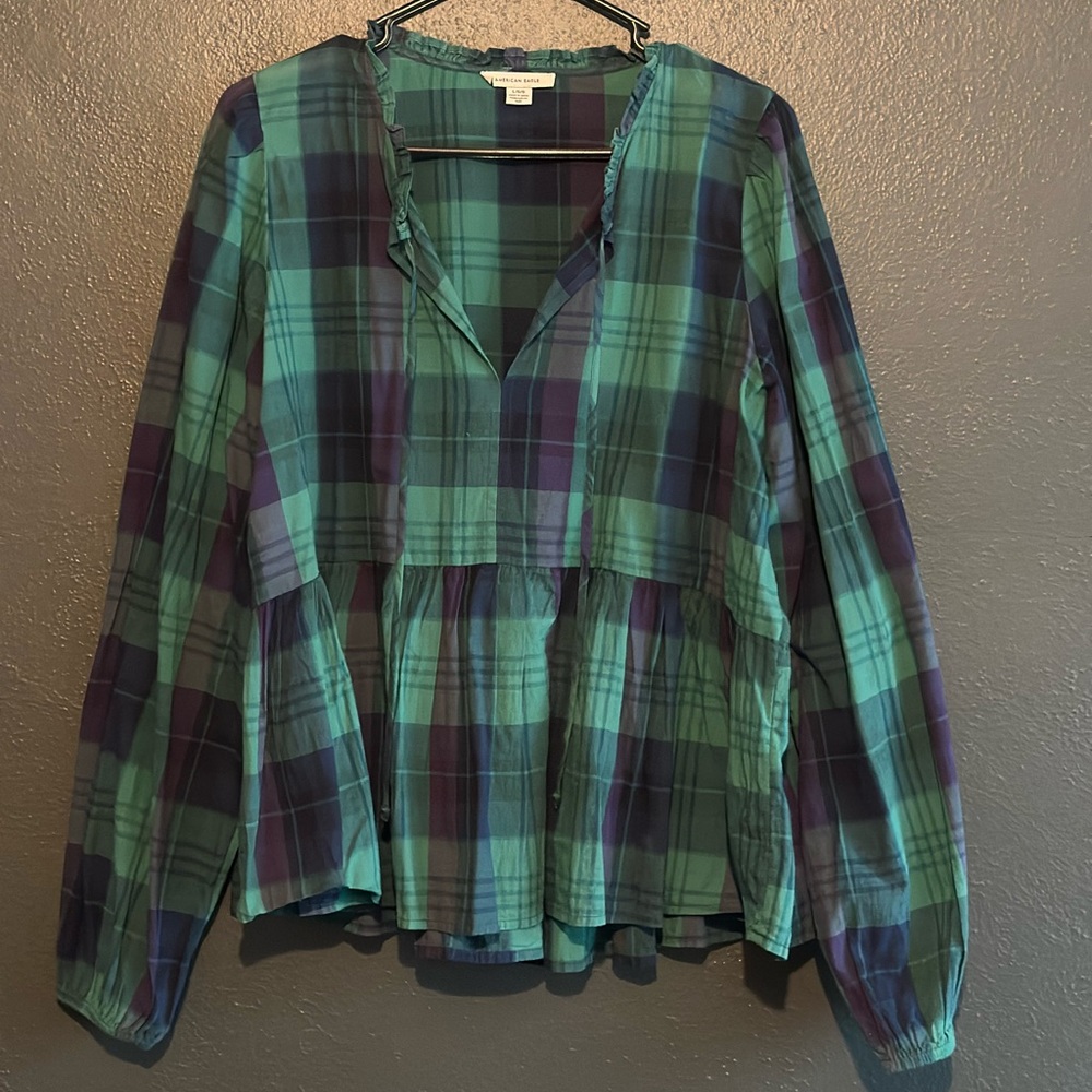 American Eagle Green and Blue Plaid Peplum Blouse